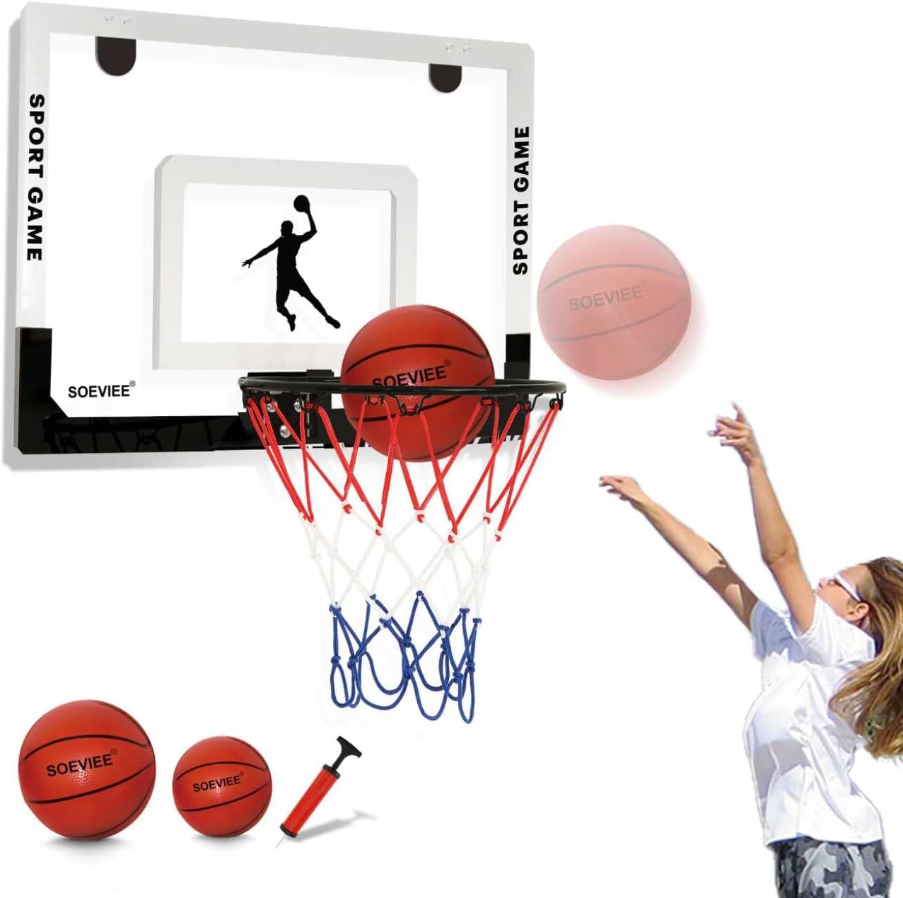 Large Basketball Hoop Indoor for Kids & Adults - 23x16 Inch Board Over the Door/Wall Mount Basketball Hoop | Includes 3 Balls & 2 Nets | Ideal Birthday for All Ages