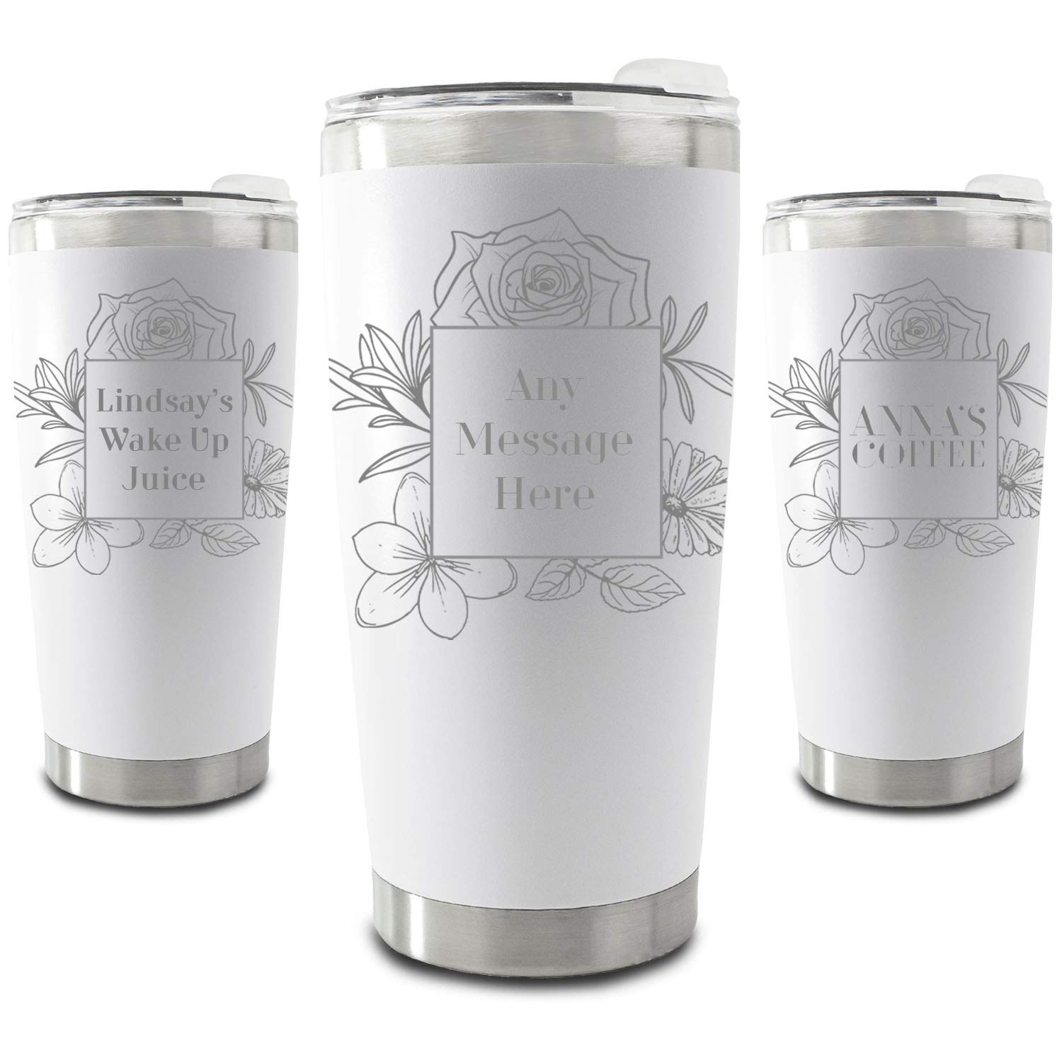 Personalisierter, gravierter, weißer 500-ml-Reisebecher mit quadratischem Blumenmuster, personalisierbar mit einer beliebigen Nachricht oder einem Namen, inklusive Geschenkbox, lasergraviert