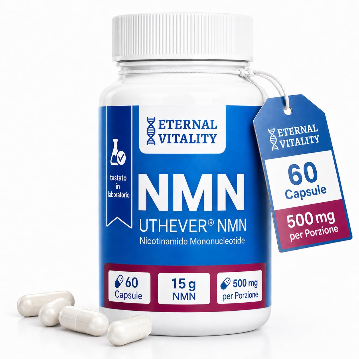 Uthever® NMN 500 mg per dose - 60 capsule - Nicotinamide Mononucleotide - Certificato da laboratorio - Qualità premium | 250 mg per capsula, vegano, precursore del NAD, testato in laboratorio