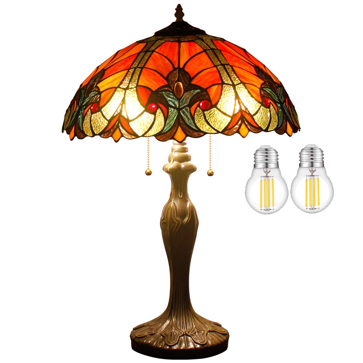 WERFACTORY Tiffany Table Lamp Red Liaison Stained Glass Style Bedside Lamp 16X16X24 Inches Antique Desk Reading Light Metal