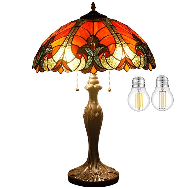 WERFACTORY Tiffany Table Lamp Red Liaison Stained Glass Style Bedside Lamp 16X16X24 Inches Antique Desk Reading Light Metal