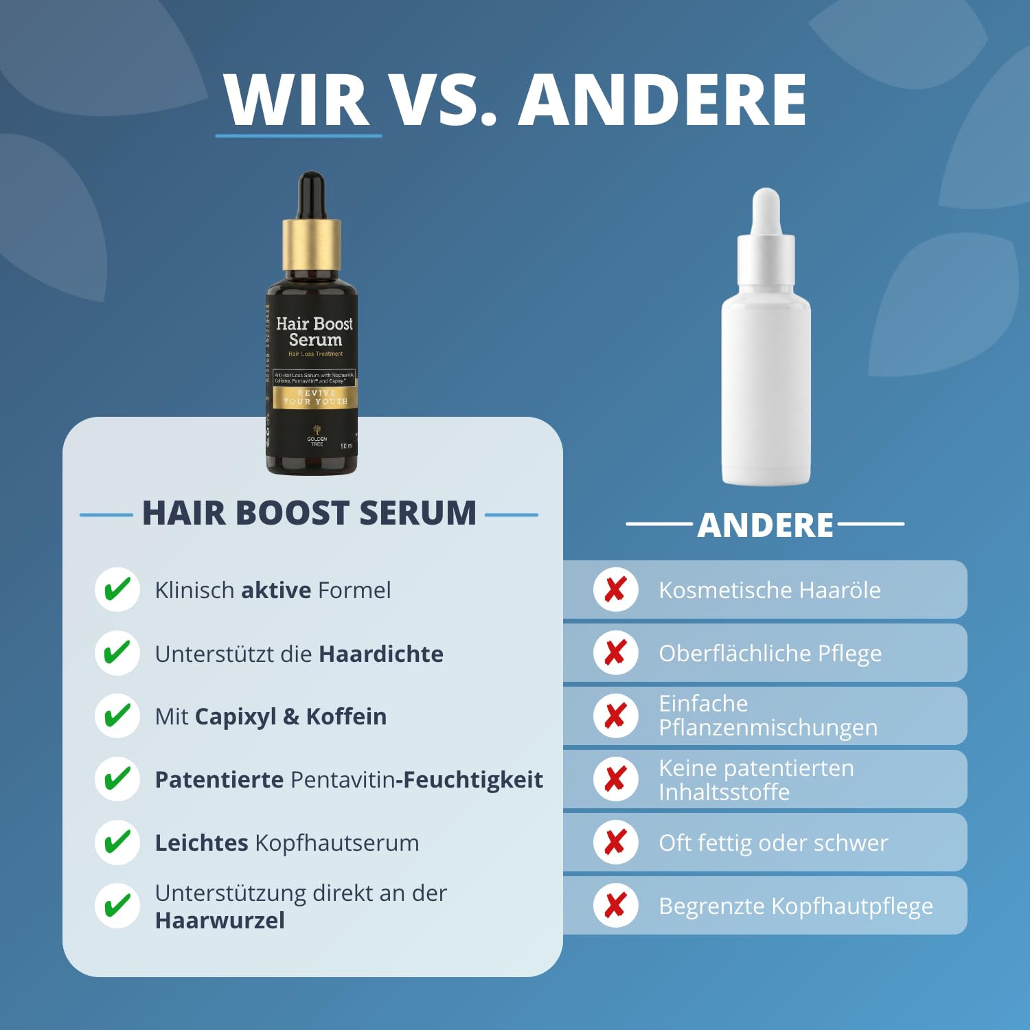 Golden Tree Hair Boost Serum – Haarserum, 50 ml | Koffein, Niacinamid, Saccharide Isomerate, Biochanin A & Rotklee-Extrakt, Haarwachstum Serum, Für dünner werdendes Haar