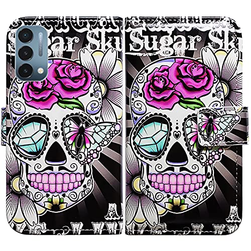 Image of Bcov Case for OnePlus Nord N200 5G, Purple Flower Sugar Skull Leather Flip Phone Case Wallet Cover with Card Slot Holder Kickstand for OnePlus Nord N200 5G