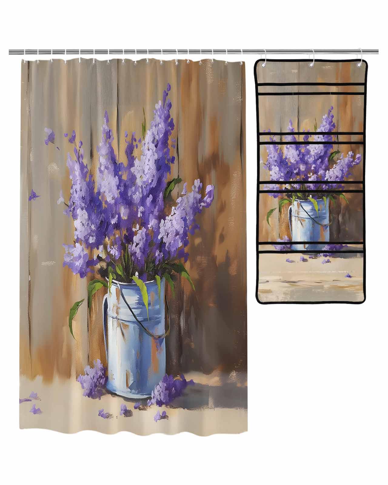 Shower Curtain Mesh Shower Organizer Set Purple Lavender Bucket Oil Painting Waterproof Bath Curtains Hanging Shower Caddy Bathroom