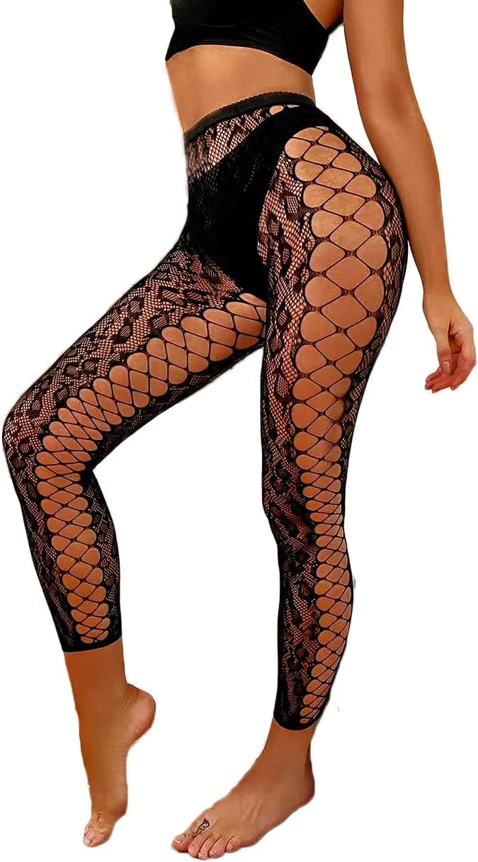 Footless Fishnet Stockings Patterned High Waist Tights Leopard Print Lingerie Side Cut Out