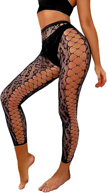 LUCKELF Footless Fishnet Stockings Patterned High Waist Tights Leopard Print Lingerie Side Cut Out