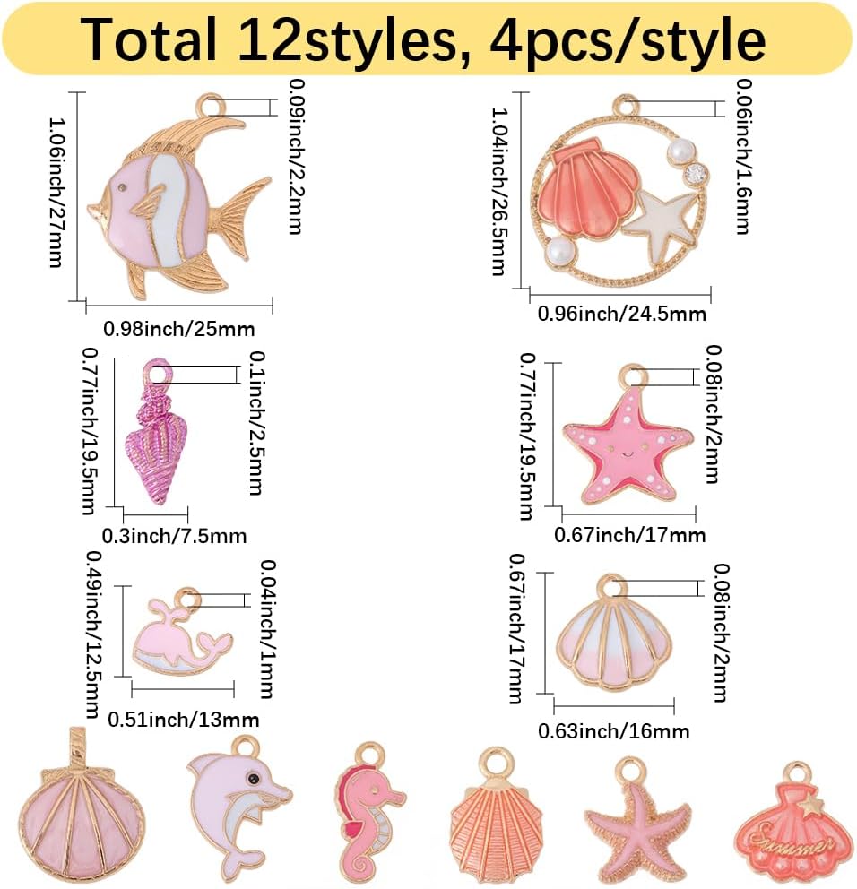 SUNNYCLUE 1 Box 48Pcs 12 Styles Enamel Ocean Charms Pink Seashell Charm Bulk Seahorse Starfish Whale Sea Shell Creature Marine Life Summer Beach Pendants for Necklaces Earring Keychains Jewelry Making - Image 2