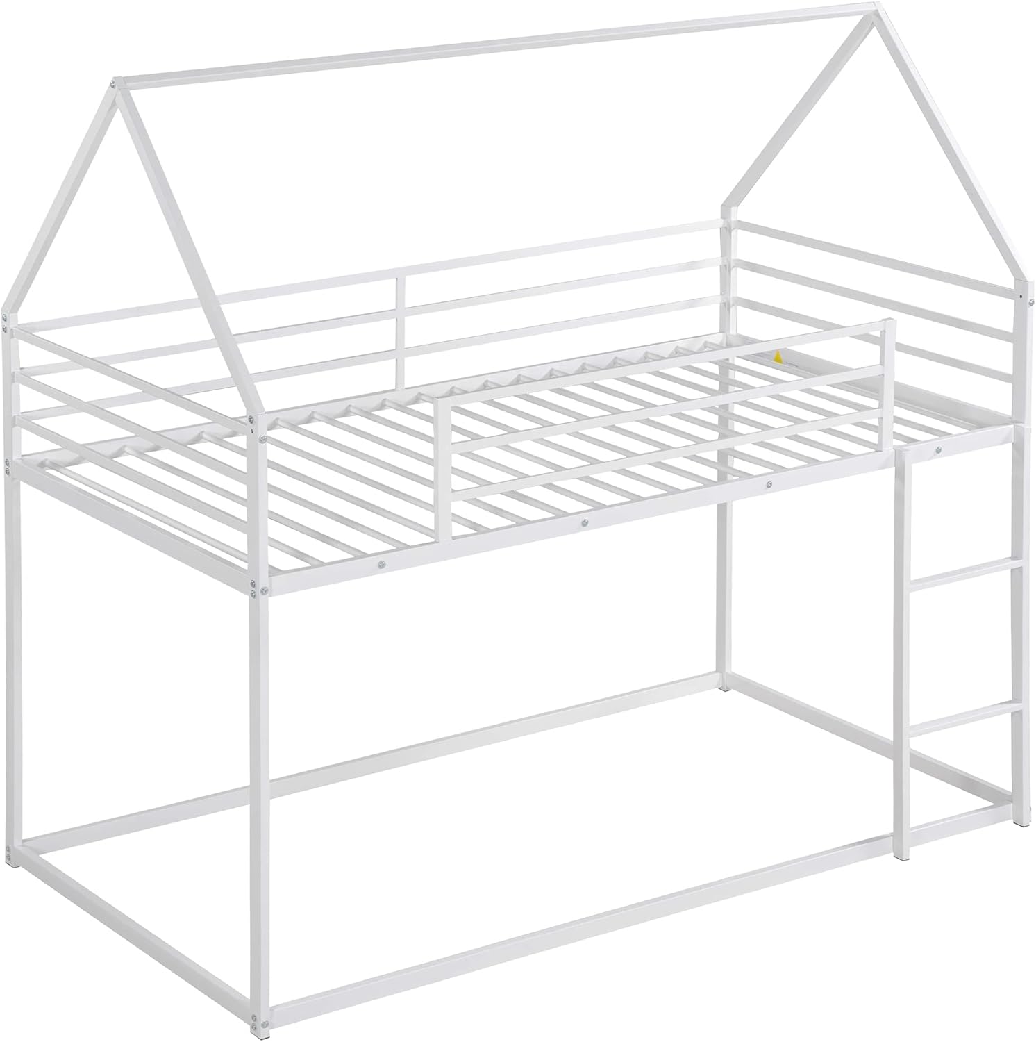 P PURLOVE Twin Size Montessori Floor Bunk Bed,Twin Over Twin Metal Low Bunk Bed Frame with Full Length Guardrail for Kids Teens,White