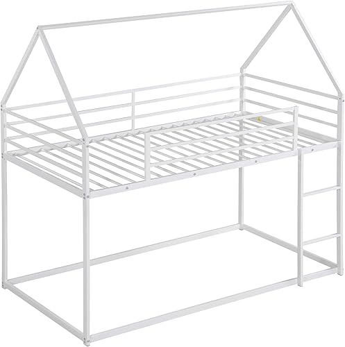 Miniatura 7 de Harper & Bright Designs Litera de casa individual sobre individual, litera de metal para niños con techo y escalera incorporada, litera de piso con