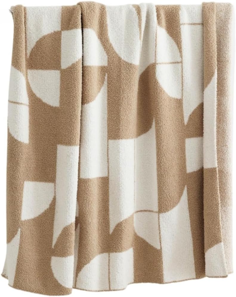 KZZK北欧風ソファーブランケットセミフリースニット素材幾何学模様リビングルーム装飾用カジュアルソファーブランケット (カーキホワイ