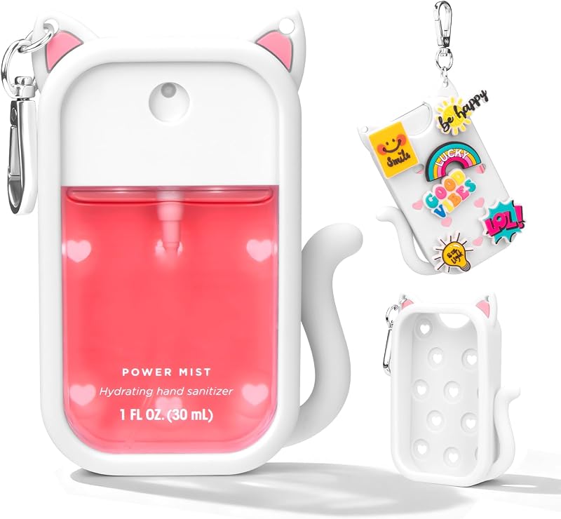 Capa de silicone branca Kivzex para frasco spray Touchland de 30 mL com chaveiro e 6 pingentes
