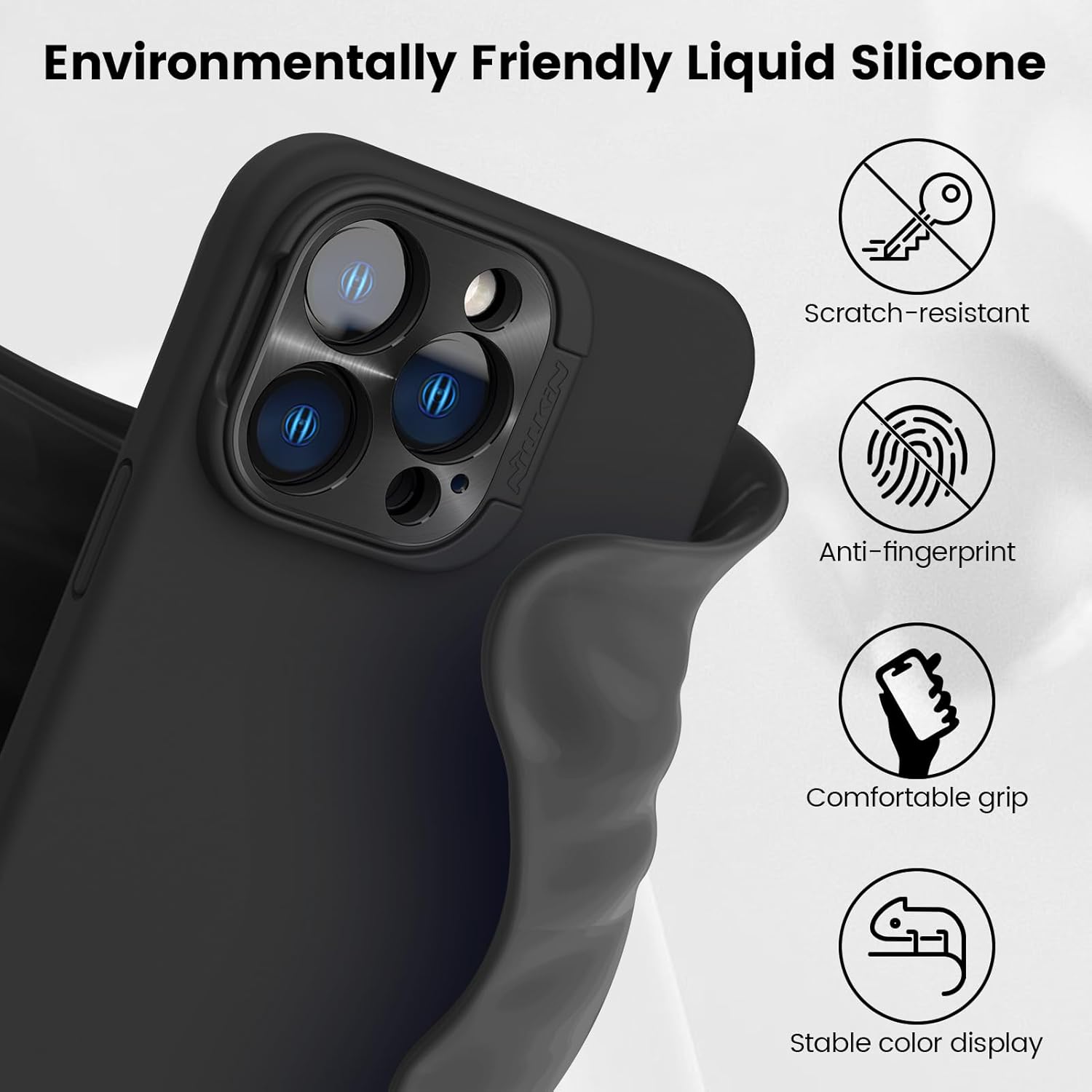 Nillkin iPhone 15 Pro Max Case Magsafe with Len Stand, [Premium Liquid Silicone],[Soft Microfiber Lining] Support MagSafe Wireless Charging, Phone Case for iPhone 15 Pro Max 6.7”, Black