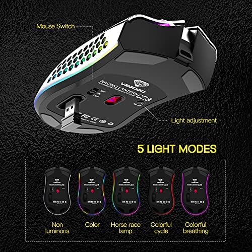 VEGCOO Gaming Mouse, Rechargeable Wireless Mouse with Honeycomb Wireless Gaming Mouse with RGB Light/Silent Click/Adjustable DPI, Optical Computer Mouse for Laptop PC Computer