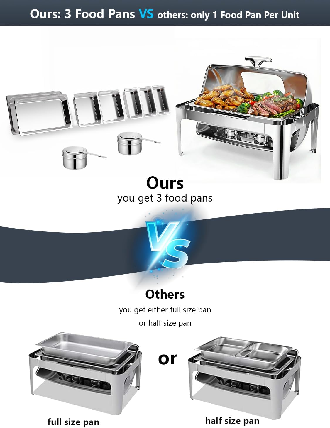 13QT Roll Top Chafing Dishes for Buffet: Catering Food Warmer for Parties, Birthday, Wedding, Christmas, 1 Full Size & 2 Half-Size & 3 1/3 Size Chafing Server Dish, 1 Water Pan-Glass Window - Image 5