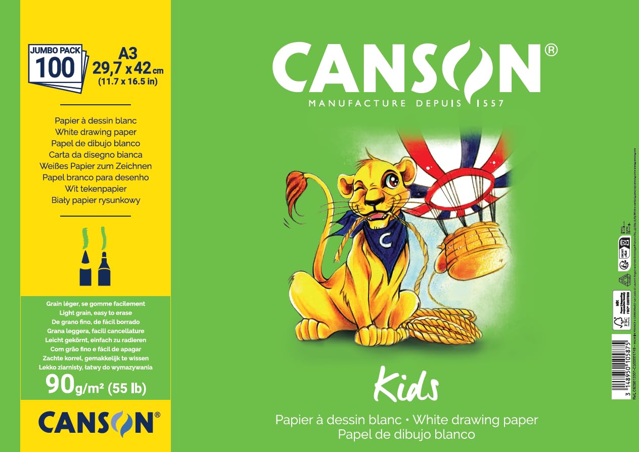 CANSON Kids, White Drawing Paper, Light Grain, 90gsm, Sheet, A3-29.7x42cm, White, 100 Sheets