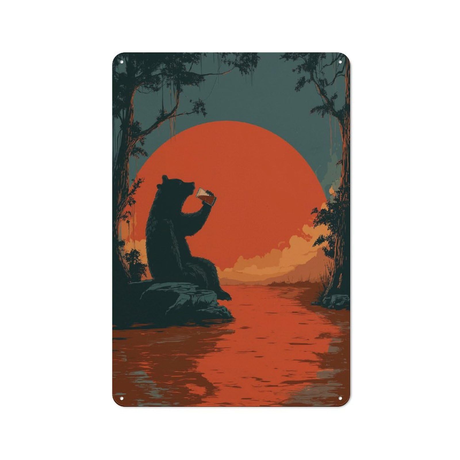 Modern Retro Decorative Metal Plaque 30x20cm Featuring Bear Drinking Beer at Sunset, Loft Wall Plaque for Flat, Bar, Studio Or Gallery Wall