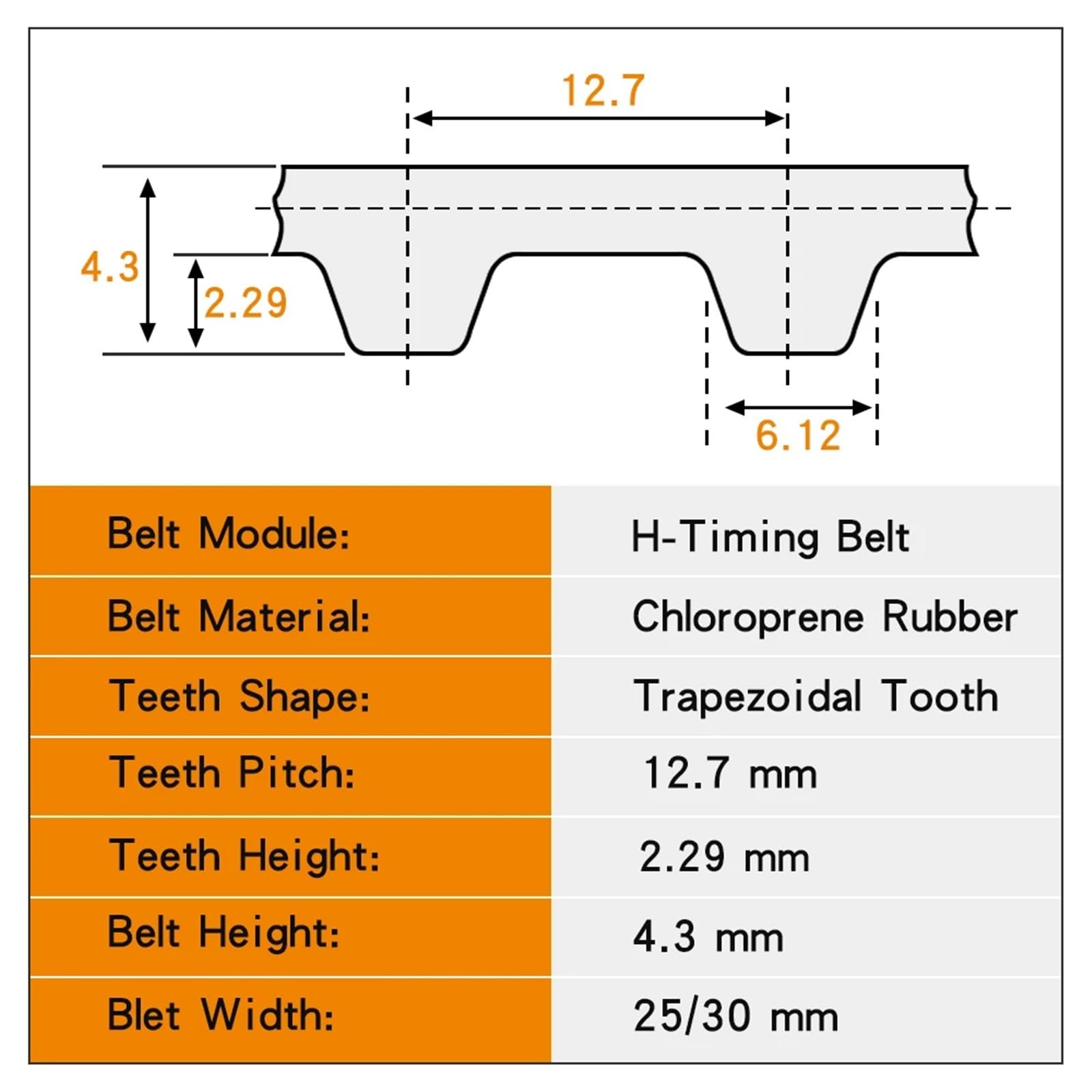 Correa de transmisión 525H/530H/535H/540H/545H/550H/555H/560H Dientes trapezoidales Ancho de goma 15-50 mm(555H (111 Teeth))
