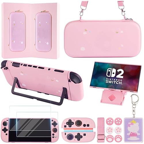 GUTIAL Accessories Bundle for Nintendo Switch 2 2025 - Cute Kawaii NS 2 Accessories kit for Grils Boys Kids with Travel Carrying Case and Cartoon Dockable Cover Case, Screen Protector, Stand - Pink