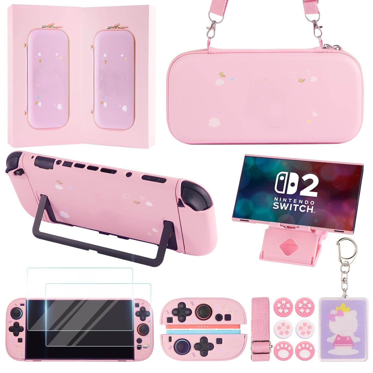 GUTIAL Accessories Bundle for Nintendo Switch 2 2025 - Cute Kawaii NS 2 Accessories kit for Grils Boys Kids with Travel Carrying Case and Cartoon Dockable Cover Case, Screen Protector, Stand - Pink for Switch 2 (2025） Switch 2 Pink