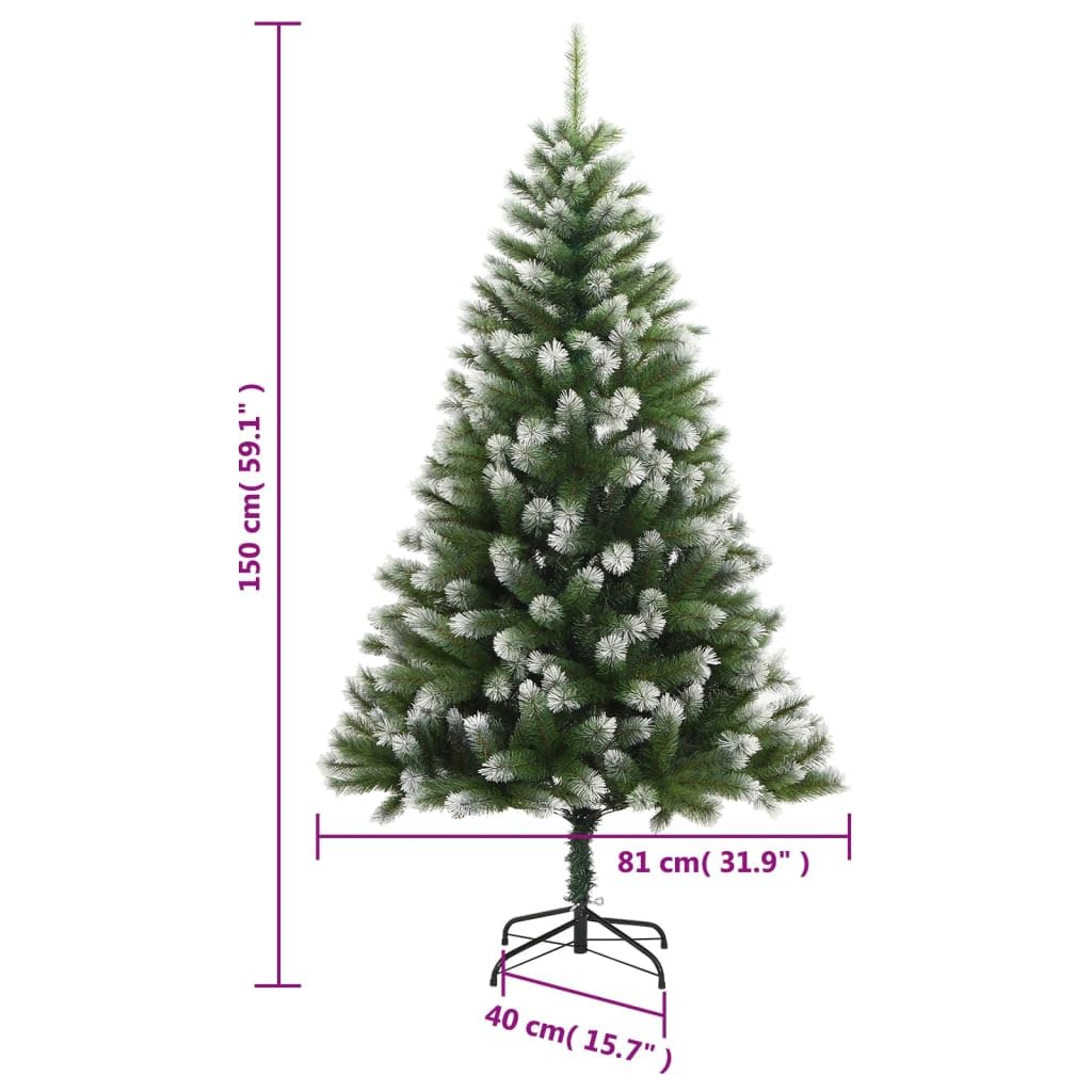 Sztuczne drzewko bożonarodzeniowe, składane, płatkowane śnieg, wysokość 150 cm, realistyczna zieleń i białe PCW, metalowy stojak, do użytku wewnątrz i na zewnątrz, dekoracja świąteczna, łatwy montaż