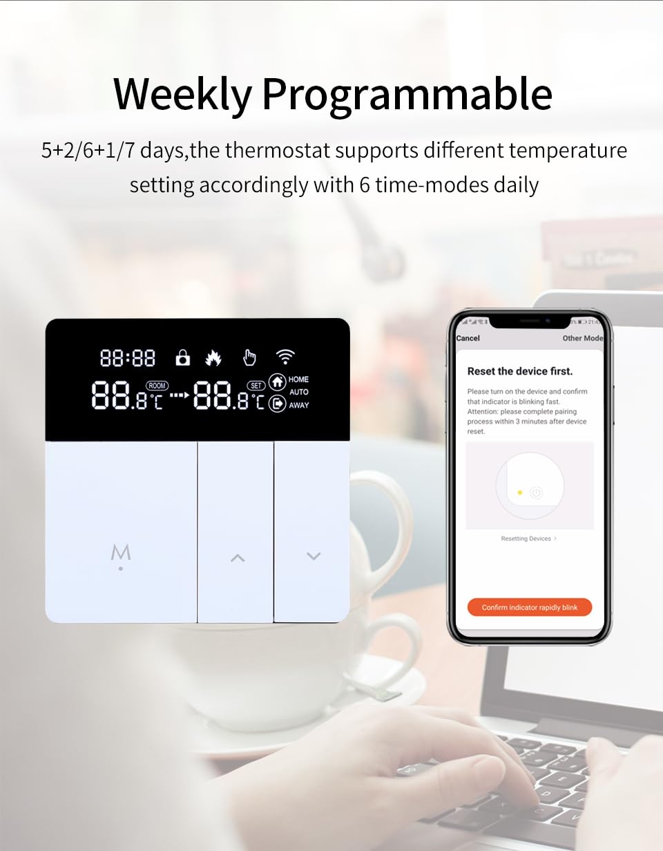 i8 Smart WiFi Termostato con controllo vocale (Alexa/Google) - Termostato interno programmabile, risparmio energetico, telecomando tramite app