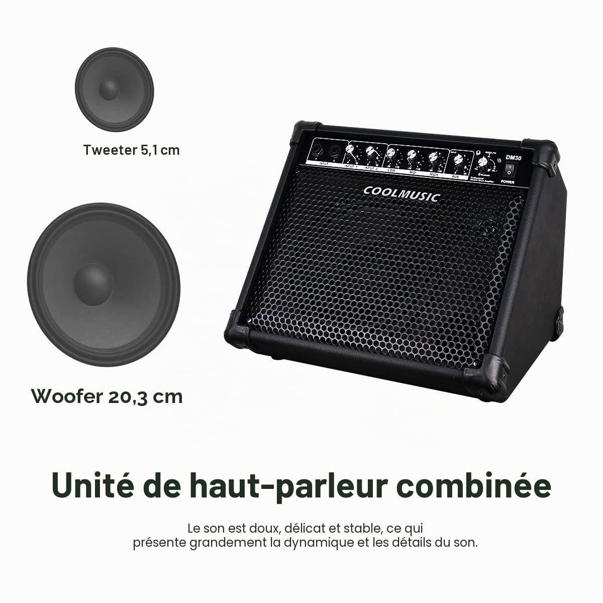 COOLMUSIC DM30 AMP 30 Watt Amplificateur de Batterie Électronique Amplificateur de Clavier avec Aux In et Bluetooth, 2 Entrées, Égaliseur 3 Bandes et DI OUT