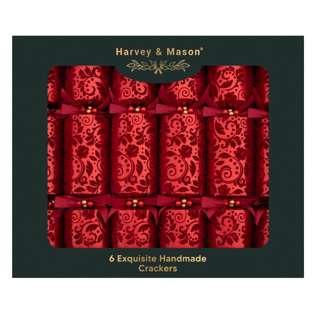 Harvey & Mason Pack of 6 Exquisite Flock Red Christmas Crackers - 13.5" Metallic Textured Festive Holly Foliage Xmas Holiday Dinner Table Decorations - Novelty Fun Prizes Gifts Contains Hats Jokes