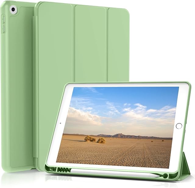 ZOYU iPad 9.7 Inch 2018/2017 Case with Pencil Holder, Ultra-thin and Lightweight Smart Trifold Stand Protective Cover, TPU Soft Silicone Magnetic Auto Sleep/Wake for iPad 5th/6th Generation, Green