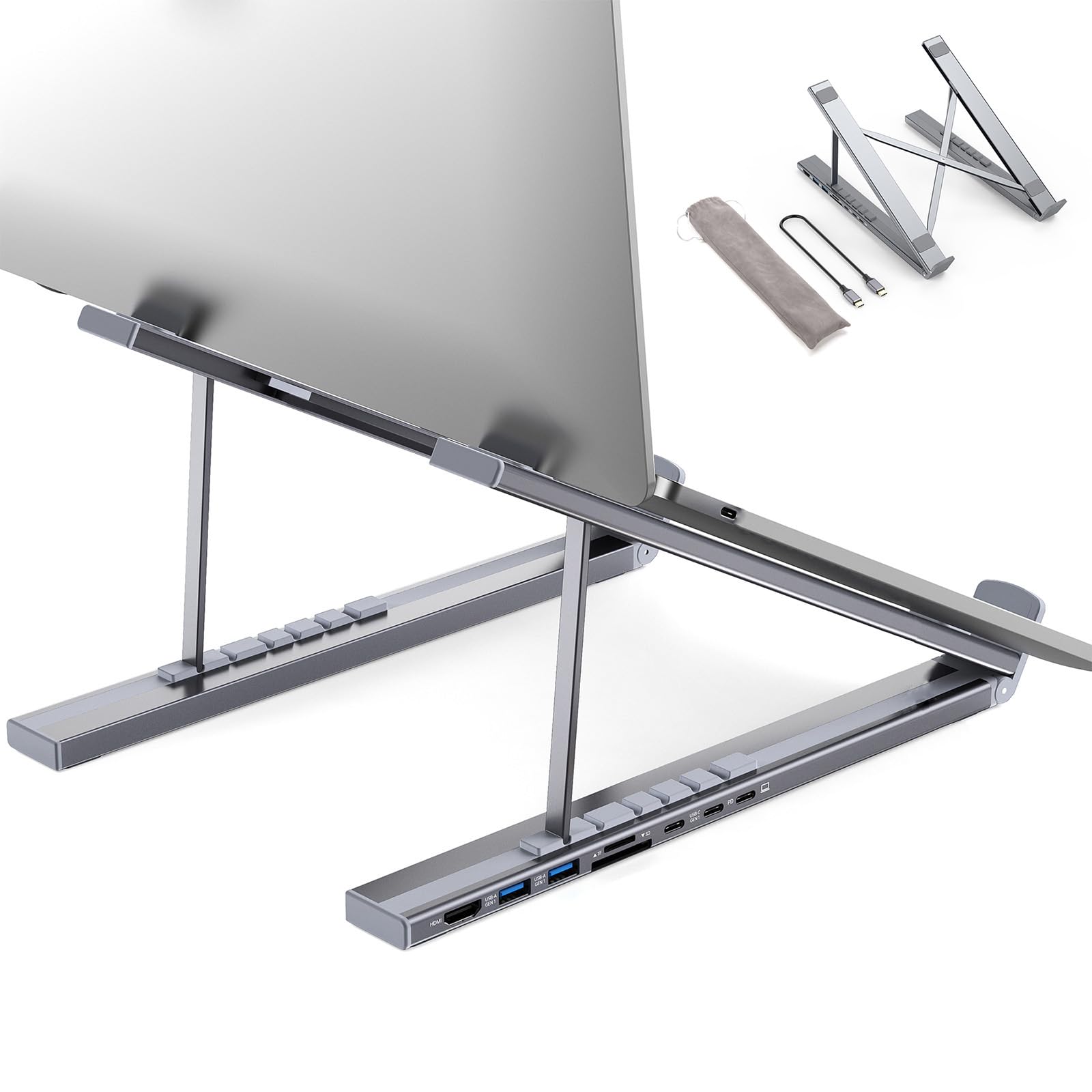 Supporto pieghevole per laptop in lega di alluminio per scrivania, tablet pieghevoli portatili Supporto di espansione multi-interfaccia Regolazione multi-angolo Design ergonomico Staffa di