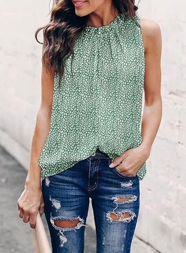 Dokotoo Womens Fashion Summer Casual Sleeveless Ruffle Shirts Plus Size Halter High Neck Leopard Print Loose Fit Long Tunic Camisole Tank Top Blouses Tee Vest Green Medium #TOP2