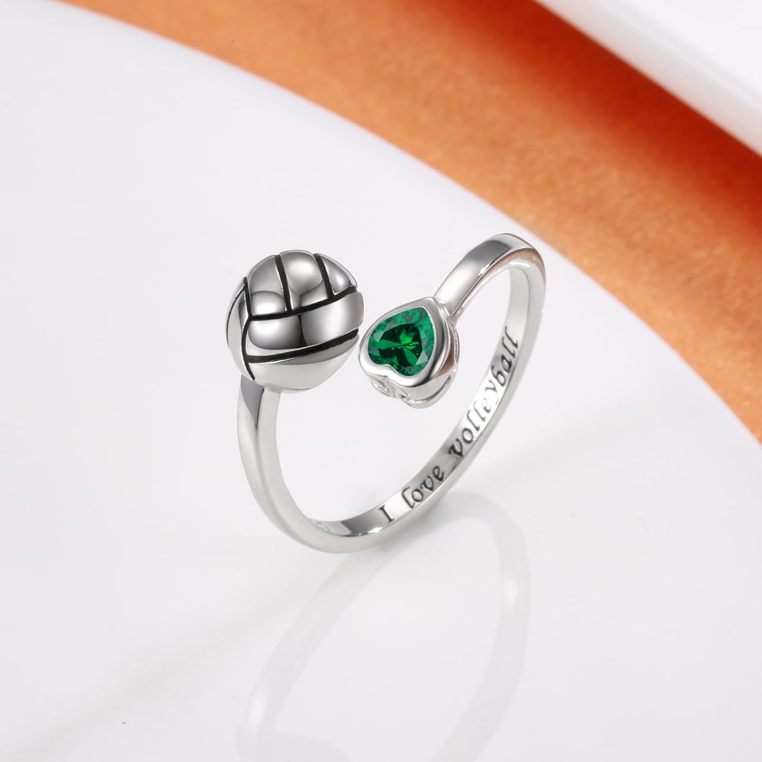 925 Sterling Silver Volleyball Ring Adjustable Birthstone I Love Volleyball Jewelry Gift for Women Player - Image 2