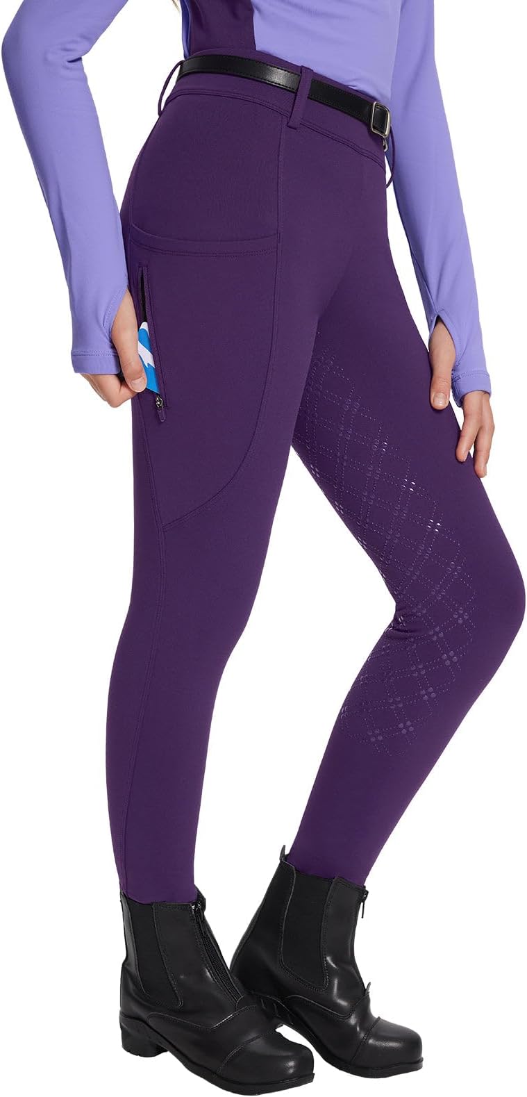 Girls Riding Pants, Fleece Winter Breeches Full Seat Silicone Kids Horseback Equestrian Zipper Pocket Tight