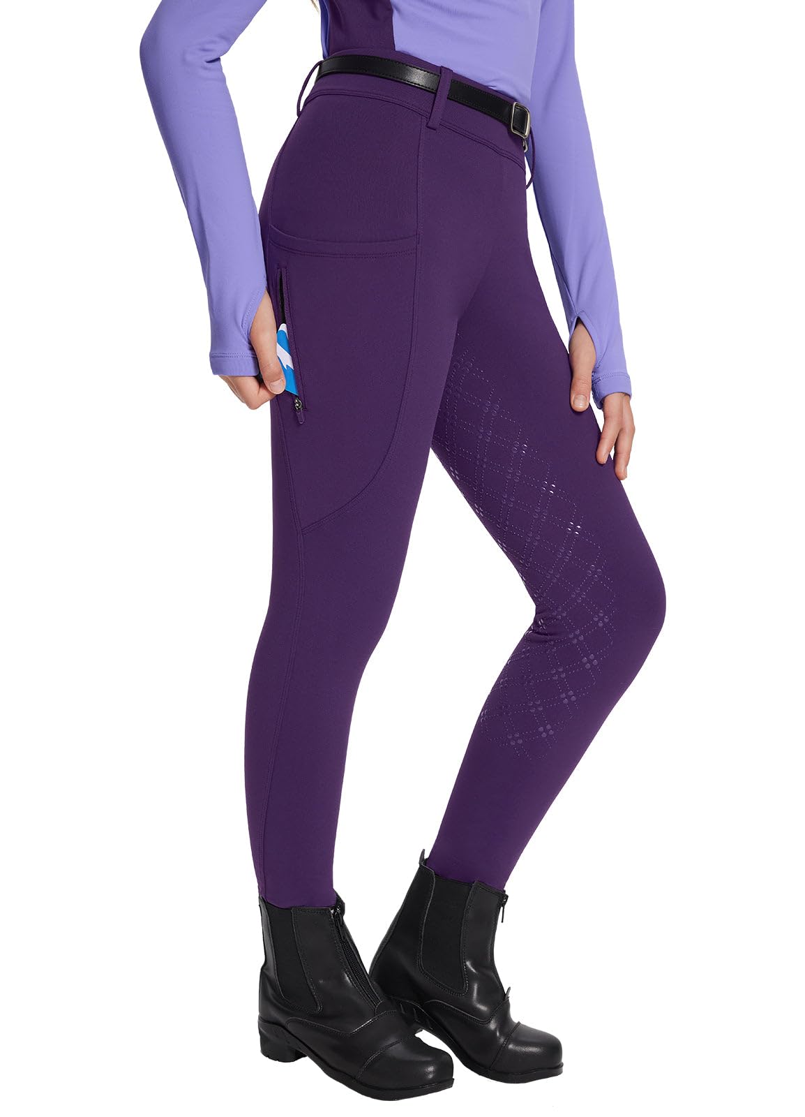 Girls Riding Pants, Fleece Winter Breeches Full Seat Silicone Kids Horseback Equestrian Zipper Pocket Tight