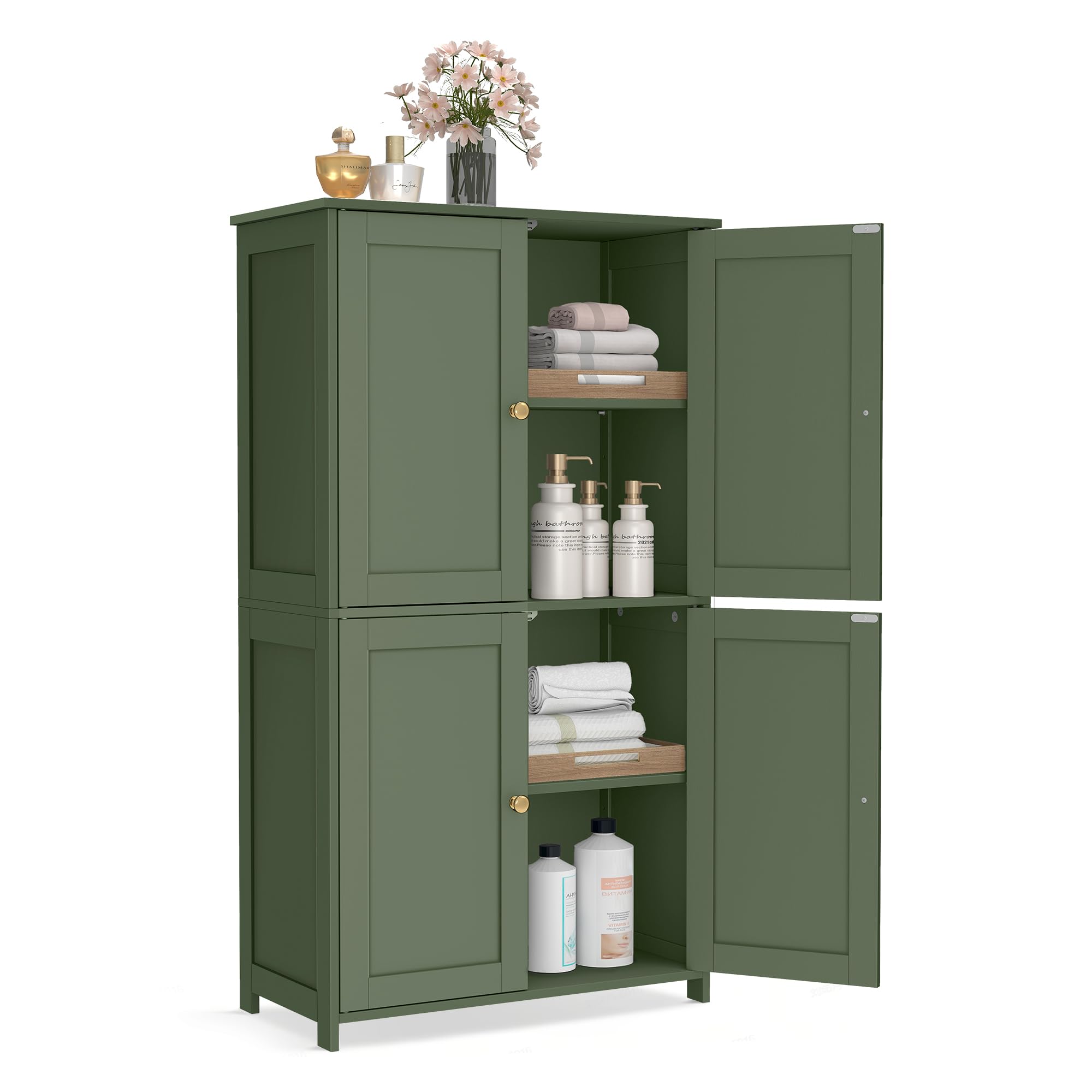 VASAGLE Badezimmerschrank, Badschrank im Shaker-Stil, mit 2 verstellbaren Ablagen, 4 Türen, Schrank für Badezimmer, Hochschrank, für Küche, waldgrün BBC553CH01