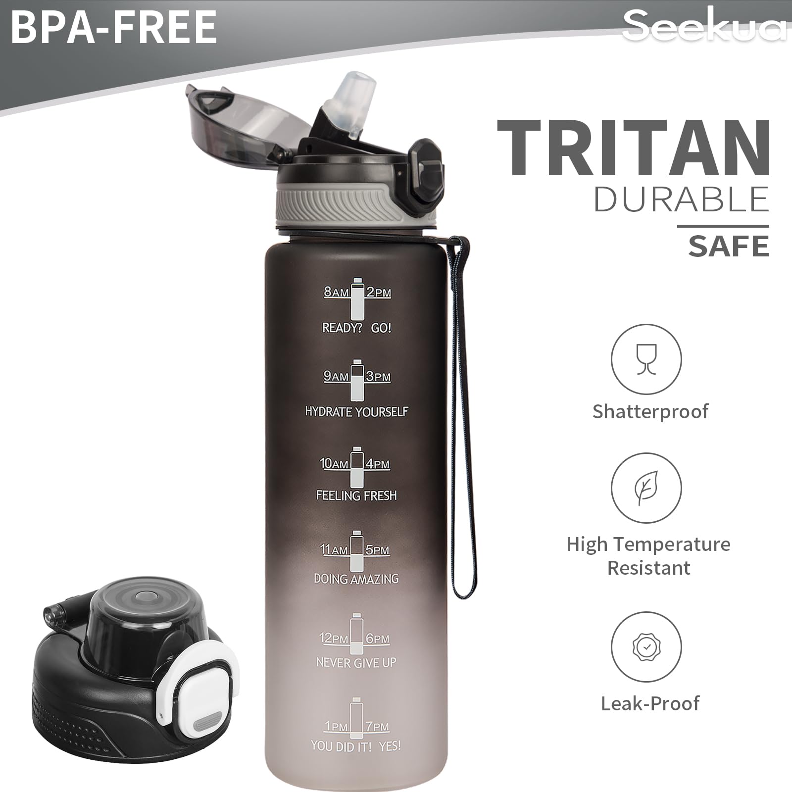 Seekua Sportiva Borraccia Motivazionale 0.6l / 1l / 2l con Cannuccia & Orari per Bere Bottiglia Acqua Tritan per Bici, Palestra, Sport, 2 Coperchi, 1 litro