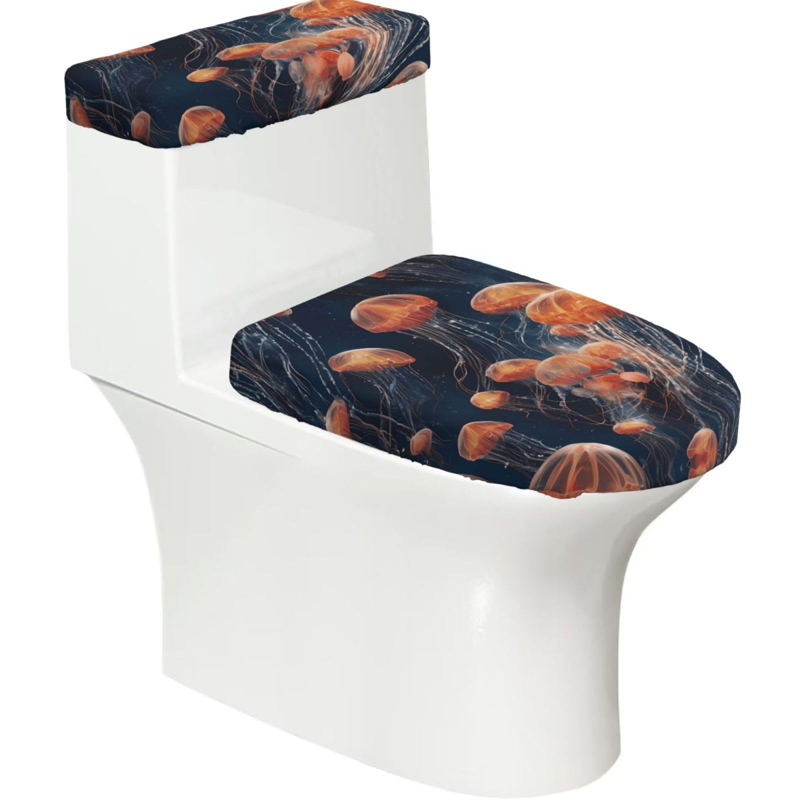 Wzycwb Black Quantum Jellyfish Swarm 2-Piece Toilet Seat Cover Set With Tank Lid, Elastic Fit For U-Shape & Elongated Toilets, Bathroom Decor, Housewarming Gift