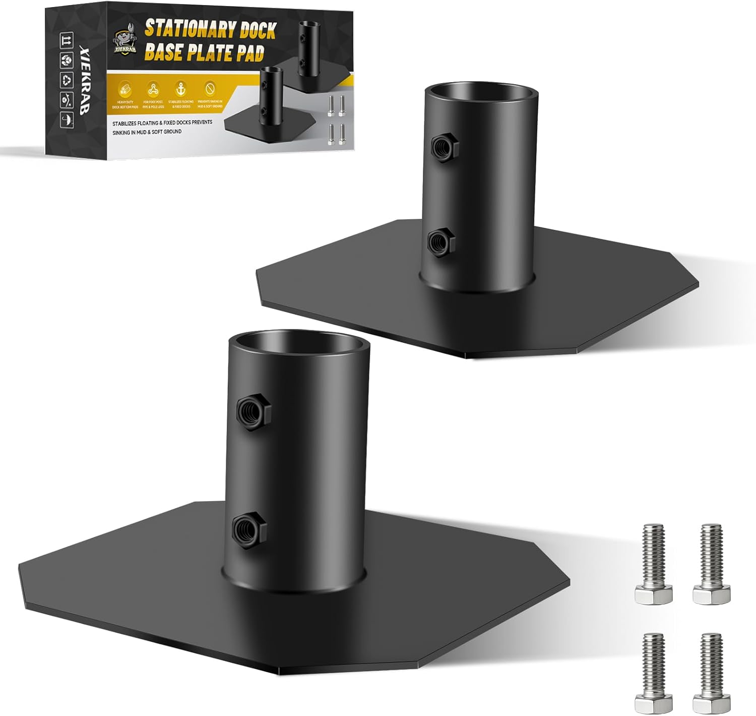 2 Pack Stationary Dock Base Plate Pads, Heavy Duty Bottom Pads for Post, Pipe & Pole Legs, Hardware for Floating or Fixed Structures