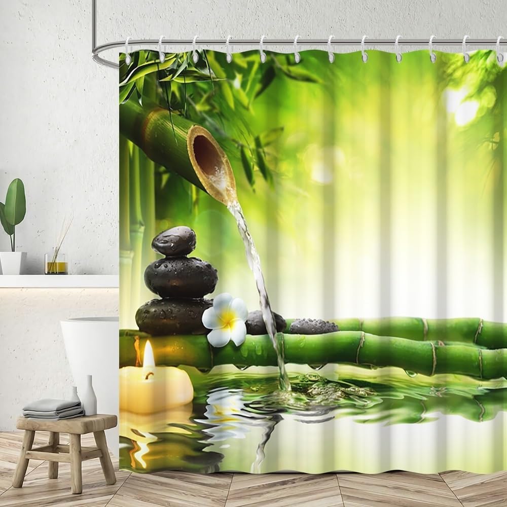 Leyiyi Spa Shower Curtain 3D Zen Garden Landscape Bathroom Curtains Spring White Floral Green Bamboo Black Stone Candle Water Ripples Waterproof Fabric Shower Curtain Set with Hooks 72x72 Inch