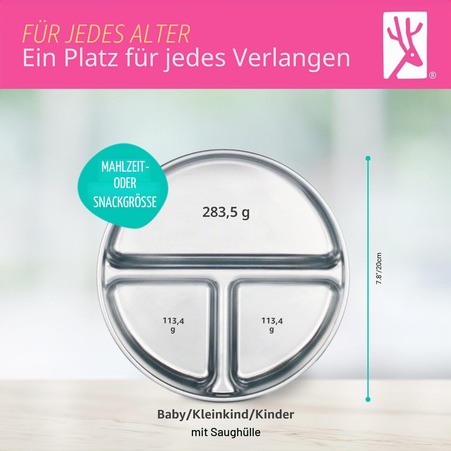 Elk and Friends Kinder Edelstahl Unterteilungsteller mit Silikon-Saugnapf-Hüllen | Deckel inklusive | Für Babys & Kleinkinder | Spülmaschinenfest | Rutschfestes Geschirr | Snackteller | 2er Set
