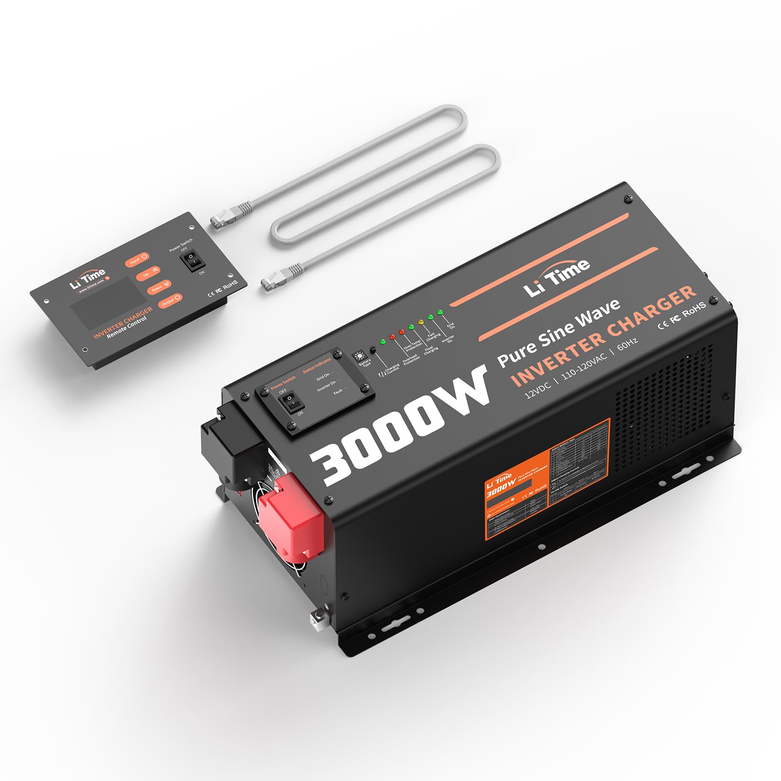 Litime3000W Pure Sine Wave Inverter Charger, 12V DC to 110V - 120V AC, 9000W Peak Power, 5A - 45A Adjustable Current, with Remote Control Panel, UPS Function, for RV and Home Backup