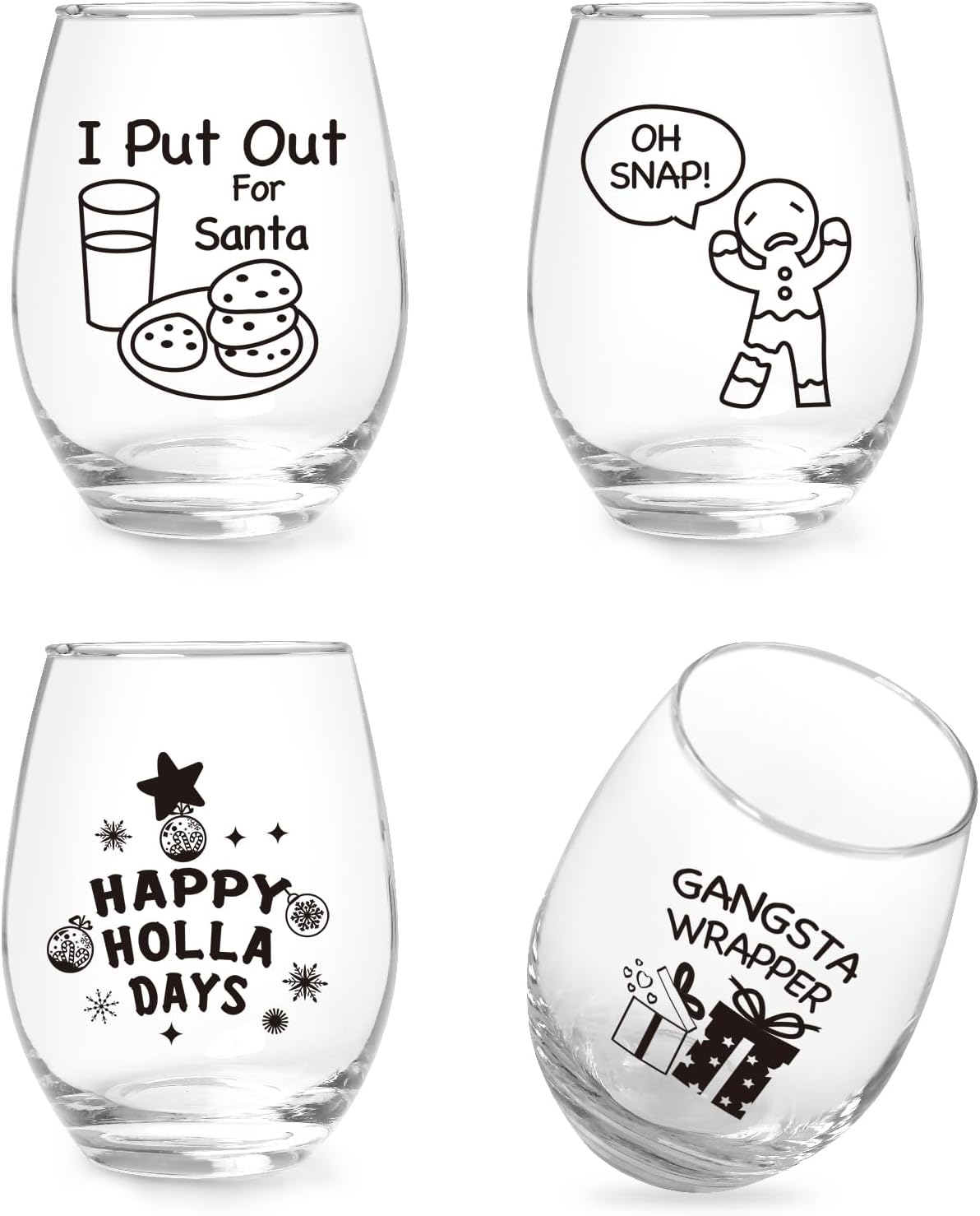 Jogskeor Funny Merry Christmas Wine Glass Set of 4