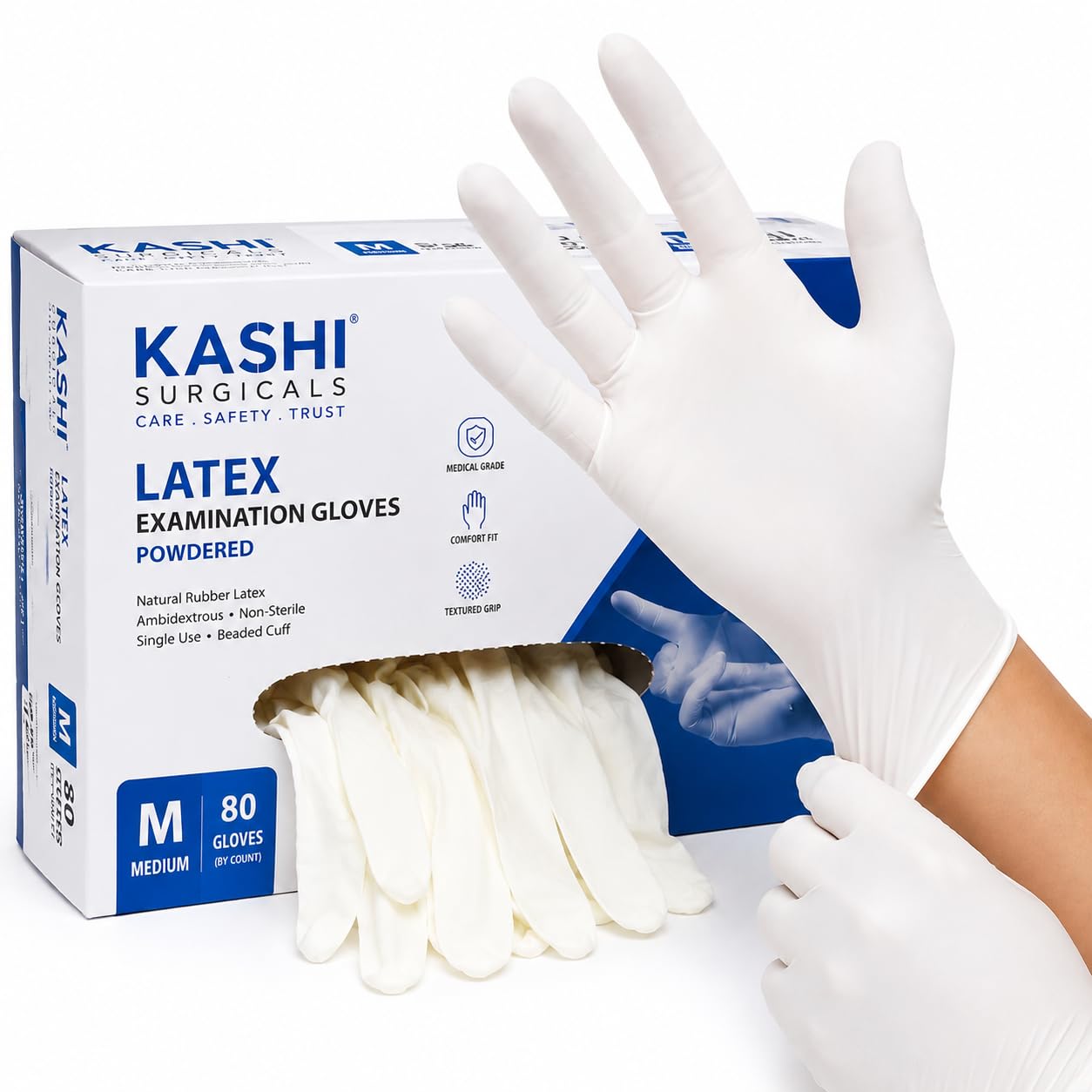 Kashi Surgicals Latex Powdered Examination Disposable Hand Gloves - Medium, White Pack of (80 Pieces / 40 Pairs)-image-42