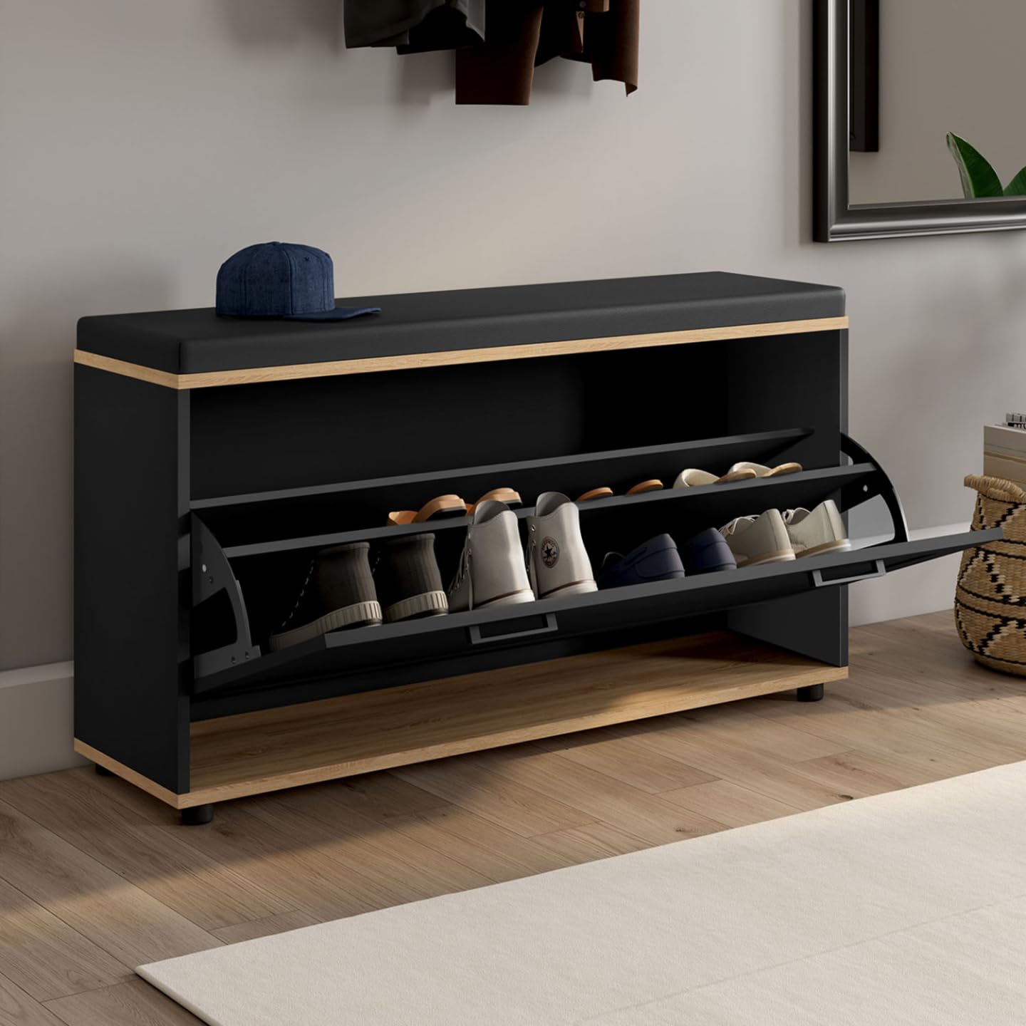 Banc Rangement Chaussures Avec Siège - Noir Brillant, 94.5x31x57 Cm, Aggloméré Et Similicuir - Pour Entrée, Couloir