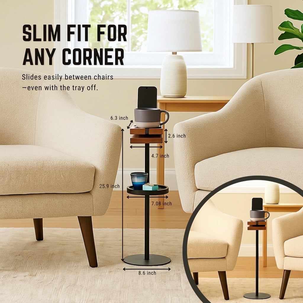 Drink Table for Small Spaces - Slim Pedestal Side Table with Real Wood Top & Stable Base for Coffee & Cocktails - Ideal for Tight Living Room & Bedroom Spaces (Sapele)