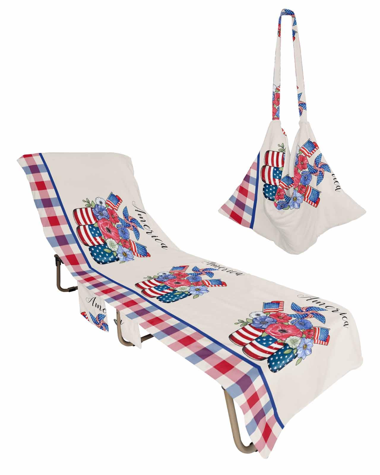 4th of July Beach Lounge Chair Towel Cover, Soft Chaise Lounge Towel with Side Pockets Patio Pool Chairs Cover for Beach/Pool Sunbathing 29x85 Independence Day Floral Red Blue Plaid
