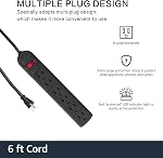 Cord d'extension 6 ft - Protecteur à bande longue de puissance, 6 AC Prise plate d'entrée, montage mural, multi prise Extender Bureau Station de recharge pour ordinateur Home Office Dorm Room Essentials (Noir)