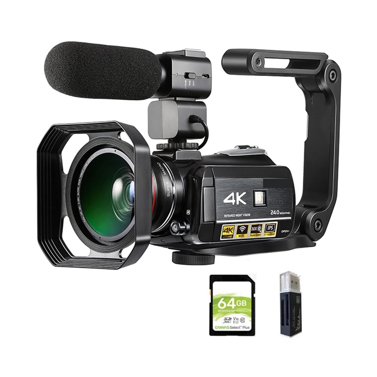 Videocamera, Videocamera 4K Camcorder Professional Vlogging Digital Vlogging Segreder, AC3. Vlog Fotocamere filmadora con Microfono 6 4 GB SD. Carta