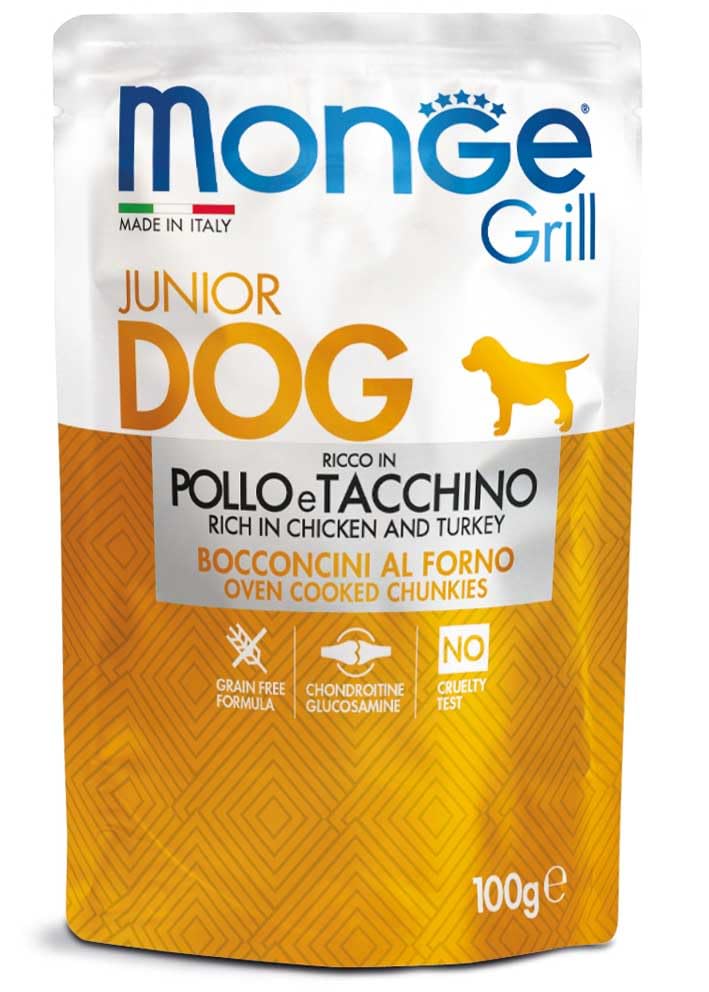 Monge Grill Bocconcini Junior Dog Ricco in Pollo e Tacchino per cuccioli, Grain Free, 12 bustine 100g