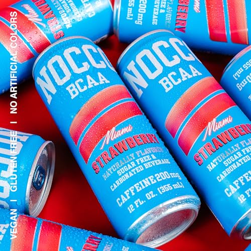 Image of NOCCO Zero Sugar Energy Drink, Miami Strawberry - 12 Fl Oz (Pack of 12) - 180mg Caffeine, Sugar Free, Branched Chain Amino Acids, Carbonated, Low Calorie, B Vitamins, Grab & Go Performance Beverage