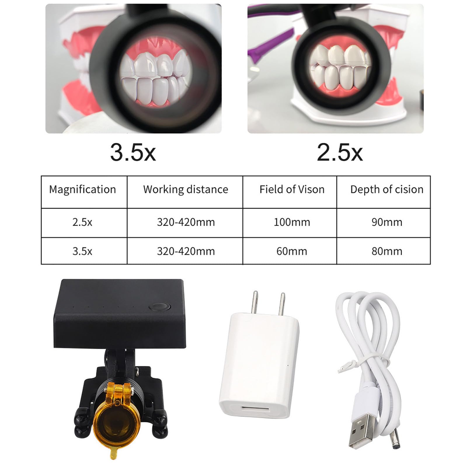 Lupa Binocular Dental, Lupa De Laboratorio De 2,5X/3,5X, con Linterna Frontal Led Estéreo De 5W, Distancia De Trabajo De 320-420mm, 4 Niveles De Brillo Ajustable Silver-3.5X